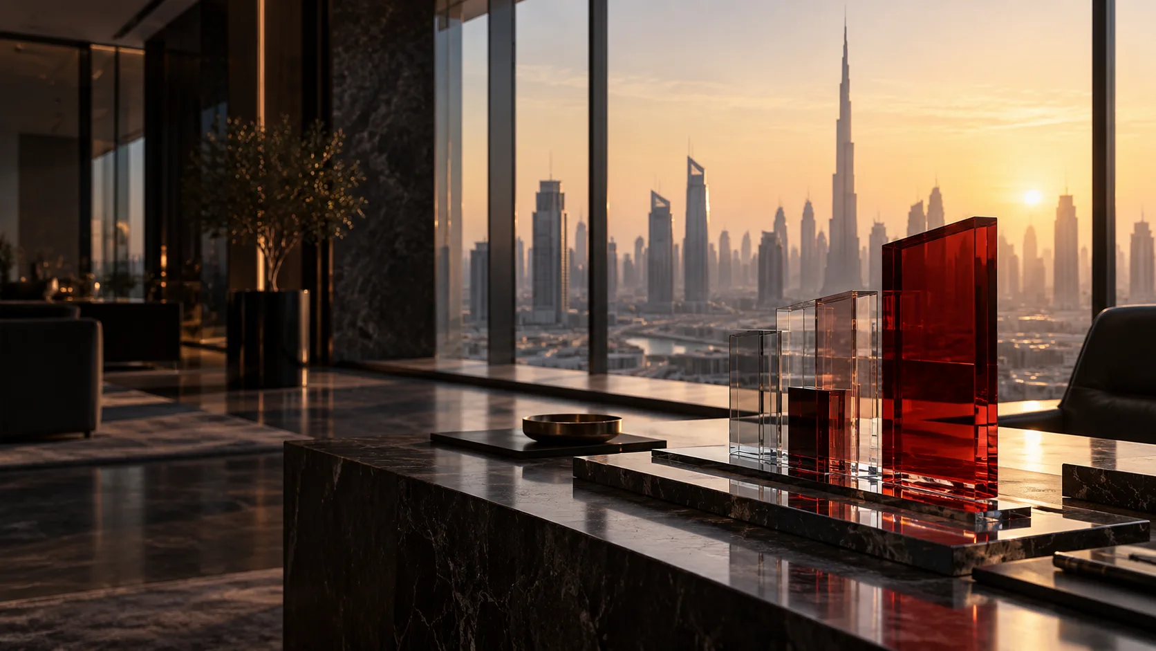 Dubai investment professionals at work beside a sculptural red investment certificate
