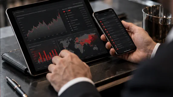 Investor reviewing a portfolio through a tablet and mobile investment interface