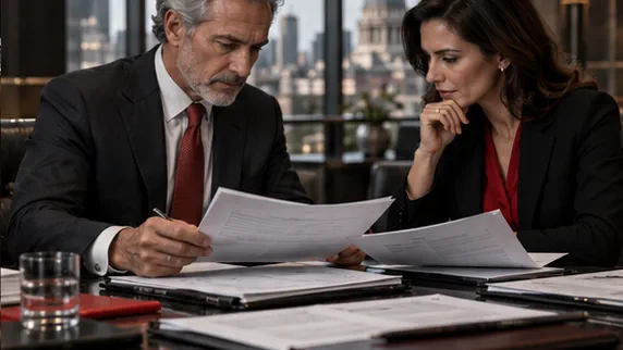 Two investment professionals comparing structured security terms in a meeting