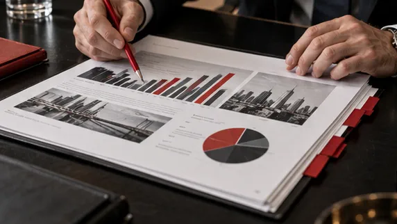 Investment presentation and structured product materials being reviewed at a desk